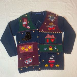 Vtg Ugly Christmas Sweater Cardigan L Teddy Bears Patchwork Tree Cottagecore